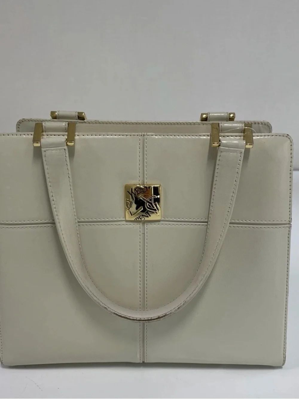 Yves Saint Laurent Cream Leather Tote with Gold Logo Plaque